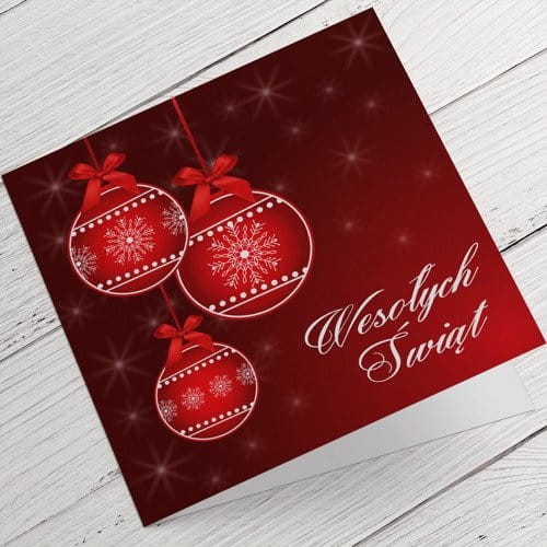 Kartki firmowe na Boże Narodzenie wzór z motywem czerwonych bombek - 14,5 x 14,5 cm