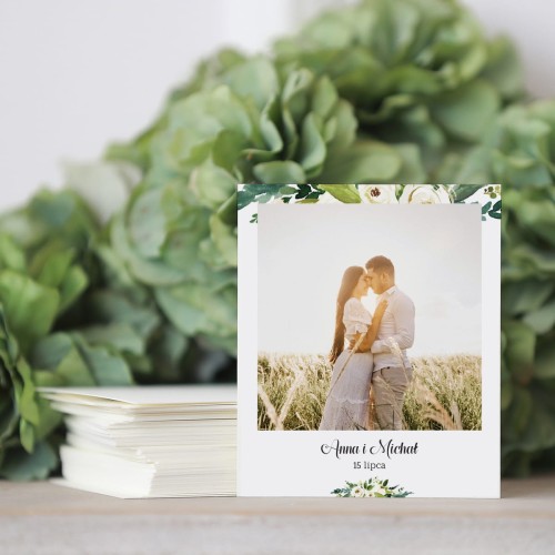 Zdjęcie polaroid w podziękowaniu dla gości z zielonym motywem kwiatowym
