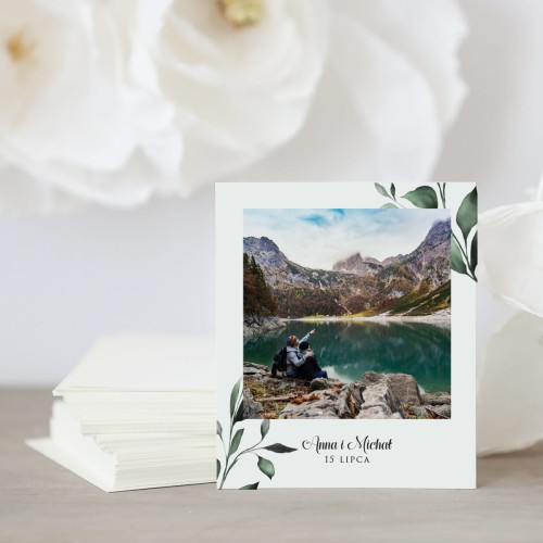 Zdjęcie polaroid w podziękowaniu dla gości zielony motyw liściasty