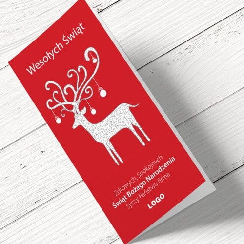 Kartki firmowe na Boże Narodzenie - czerwone z jeleniem - 10 x 21 cm