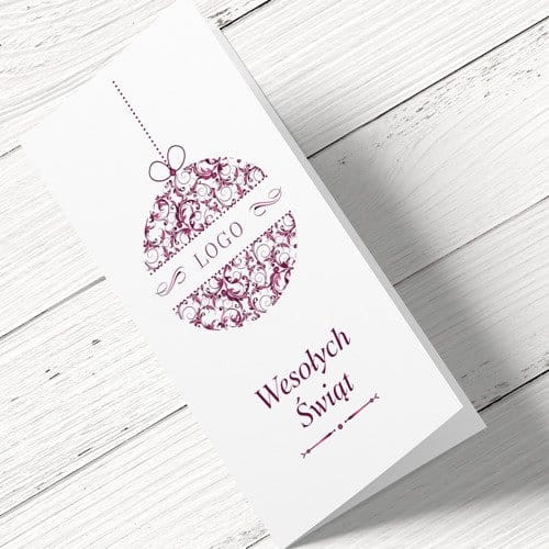 Kartki firmowe czerwona bombka z logo - 10x21 cm