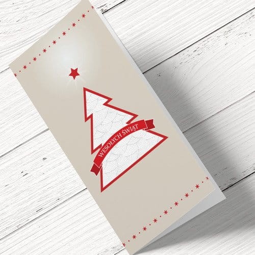 Czerwono kremowe kartki świąteczne dla firm z choinką - 10x21 cm