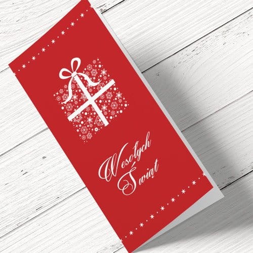 Neutralna czerwona kartka świąteczna dla firm z prezentem - 10x21 cm