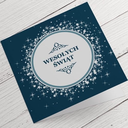 Kartki firmowe na Boże Narodzenie w błękitno-białej kolorystyce - 14,5 x 14,5 cm