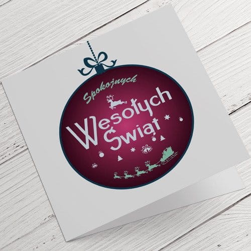 Kartki firmowe na Boże Narodzenie z zaprzęgiem w bombce - 14,5 x 14,5 cm