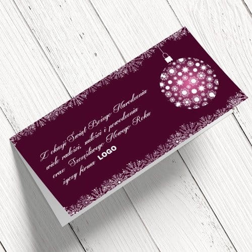 Bordowe kartki świąteczne dla firm z bombką - 10x21 cm