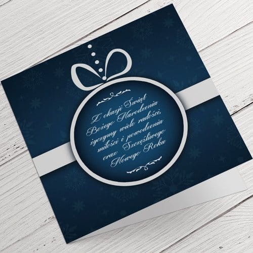 Kartki firmowe na Boże Narodzenie bombka ze świątecznymi życzeniami na granatowym tle - 14,5 x 14,5 cm