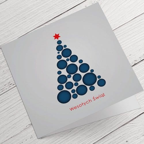 Kartki firmowe na Boże Narodzenie granatowe kółka tworzące choinkę - 14,5 x 14,5 cm