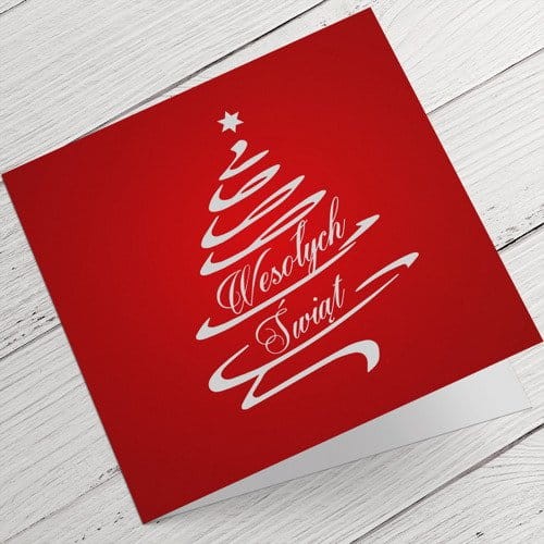 Kartki firmowe na Boże Narodzenie subtelna grafik a choinki na czerwonym tle - 14,5 x 14,5 cm