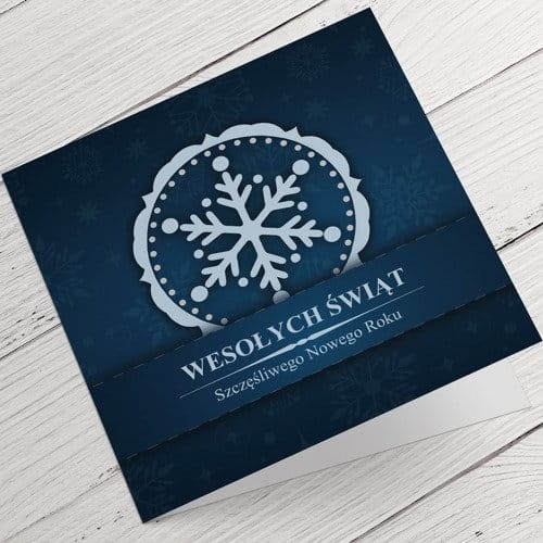 Kartki firmowe na Boże Narodzenie biały płatek śniegu na granatowym tle - 14,5 x 14,5 cm