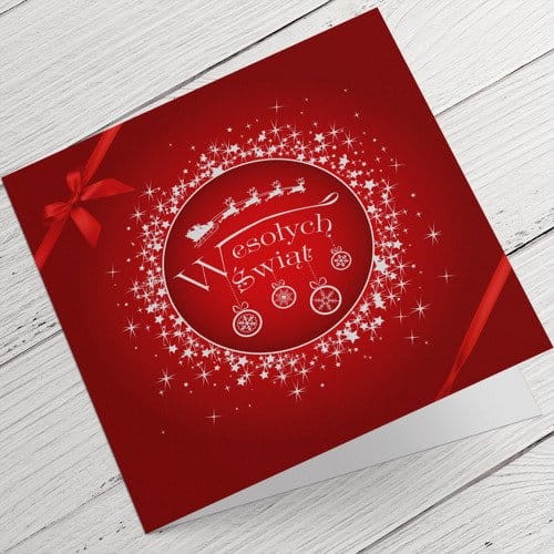 Czerwone kartki firmowe na Boże Narodzenie z zaprzęgiem i wstążką - 14,5 x 14,5 cm