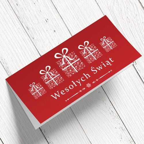Kartki firmowe świąteczno noworoczne czerwone z prezentami - 10x21 cm