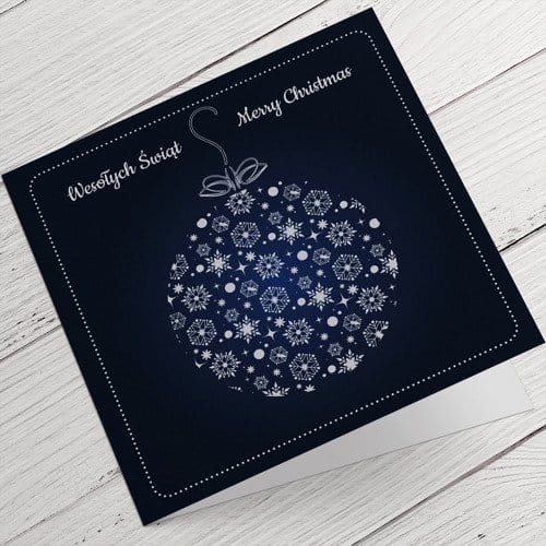 Granatowe kartki firmowe na Boże Narodzenie z białą bombką - 14,5 x 14,5 cm