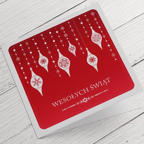 Czerwone kartki firmowe na Boże Narodzenie z białymi ozdobami - 14,5 x 14,5 cm