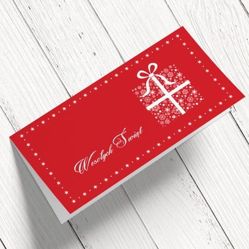 Czerwona firmowa kartka świąteczna z prezentem format DL