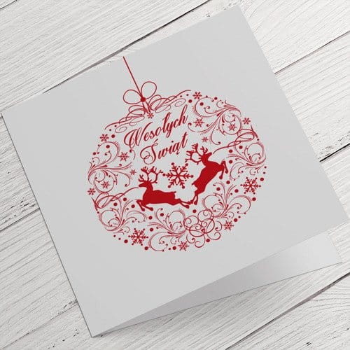 Kartki firmowe na Boże Narodzenie z reniferami w bombce - 14,5 x 14,5 cm