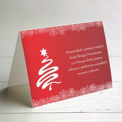 Czerwona kartka świąteczna firmowa z choinką