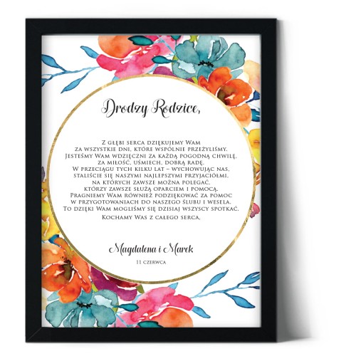 Plakat podziękowania dla rodziców z wielokolorowym motywem kwiatowym