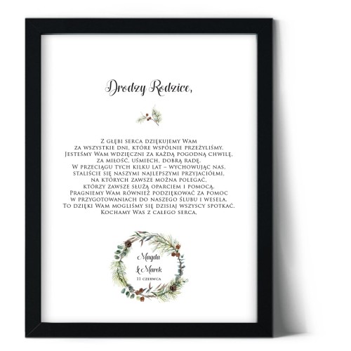 Plakat podziękowania dla rodziców z zimowym wiankiem