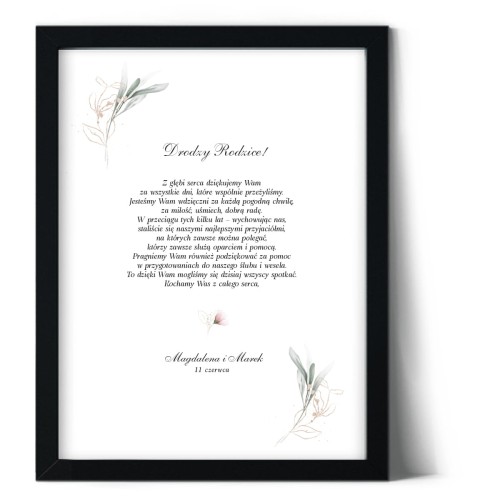 Plakat podziękowania dla rodziców z delikatnym kwiatem i liśćmi