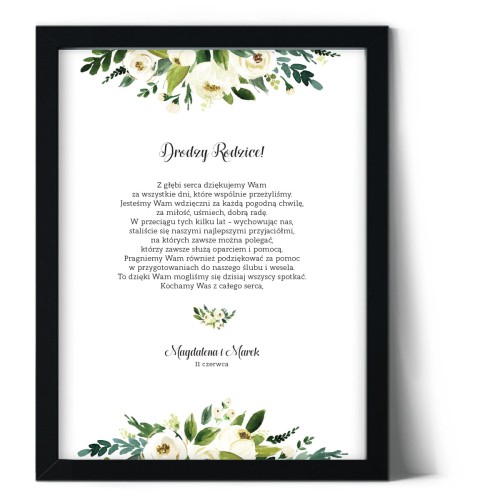 Plakat podziękowania dla rodziców z zielonymi kwiatami