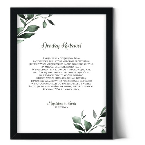 Plakat podziękowania dla rodziców z zielonymi liśćmi