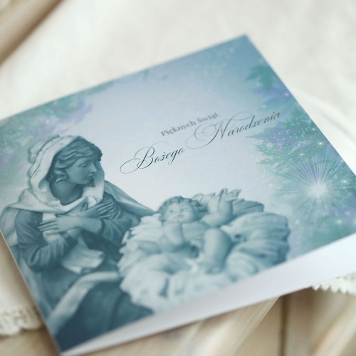 Niebieskie kartki firmowe na Boże Narodzenie z Matką Bożą i Jezuskiem - 14,5x14,5 cm