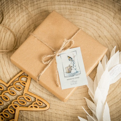 Świąteczne bileciki z logo z bałwankiem i walizką