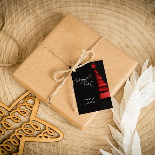 Świąteczne bileciki z logo z motywem choinki na ciemnym tle