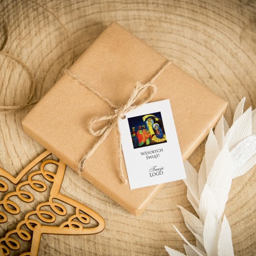 Świąteczne bileciki z logo z akwarelową szopką Bożonarodzeniową