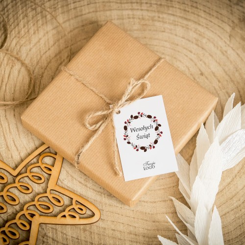 Świąteczne bileciki z logo z delikatnym liściastym wianuszkiem