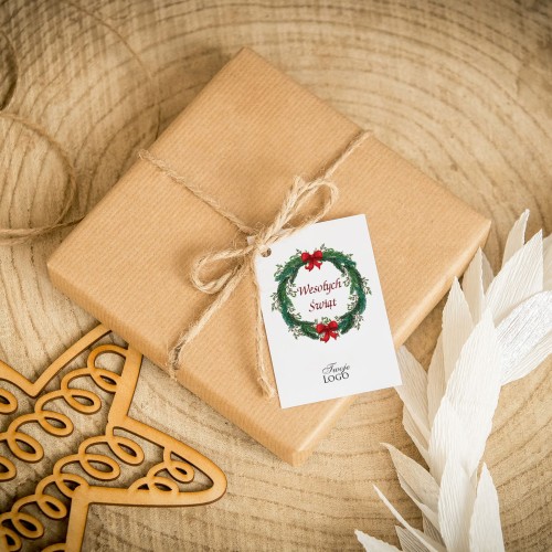 Świąteczne bileciki z logo z grafiką ozdobnego świątecznego wieńca