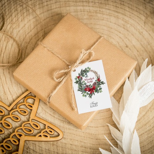 Świąteczne bileciki z logo  z motywem świątecznego wianka z dodatkiem liści i szyszek