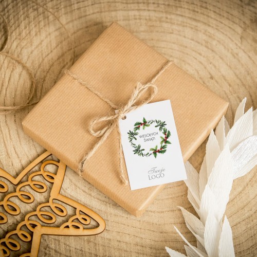 Świąteczne bileciki z logo z zimowym wiankiem