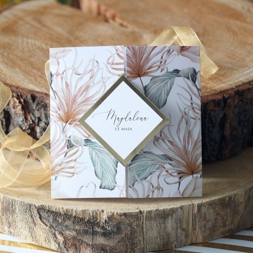 Białe zaproszenia z roślinnym motywem na 18 urodziny 
