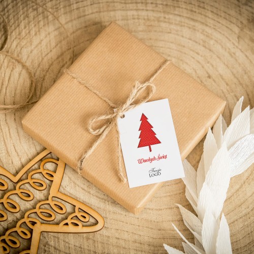 Świąteczne bileciki z logo z choinką w kropki