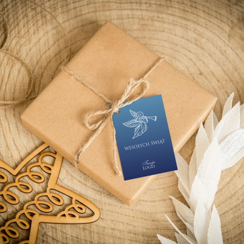 Świąteczne bileciki z logo z aniołem na niebieskim tle