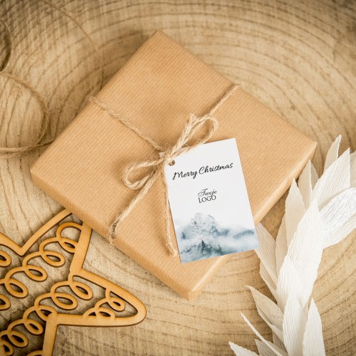 Świąteczne bileciki z logo z akwarelowym zimowym krajobrazem