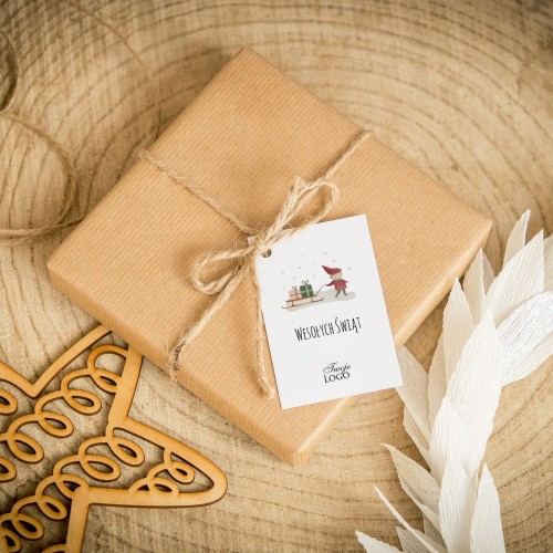 Świąteczne bileciki z logo ze skrzatem i sankami