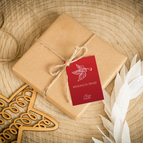 Świąteczne bileciki z logo z aniołem na czerwonym tle