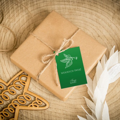 Świąteczne bileciki z logo z aniołem na zielonym tle