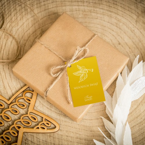 Świąteczne bileciki z logo z aniołem na żółtym tle