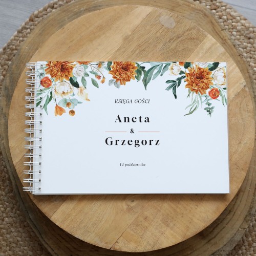 Księga gości klasyczna lub z ankietami - wzór z pomarańczowymi kwiatami