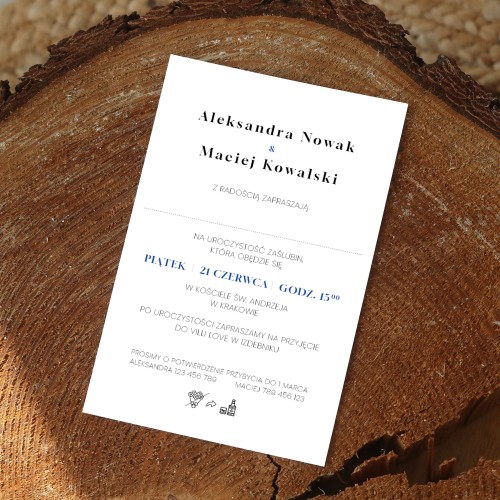 Zaproszenia ślubne minimalistyczne z kobaltowym akcentem