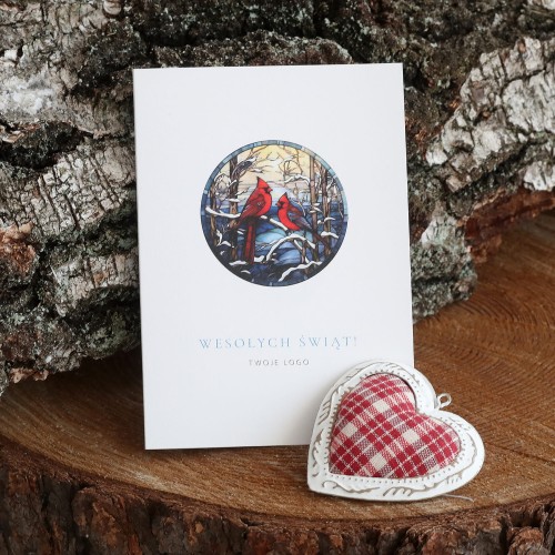 Granatowo-czerwone świąteczne kartki firmowe z zimowymi ptakami - 12x17 cm