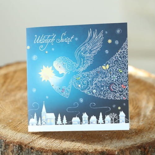 Kartki Firmowe na Boże Narodzenie - Anioł z gwiazdą - 14,5x14,5 cm