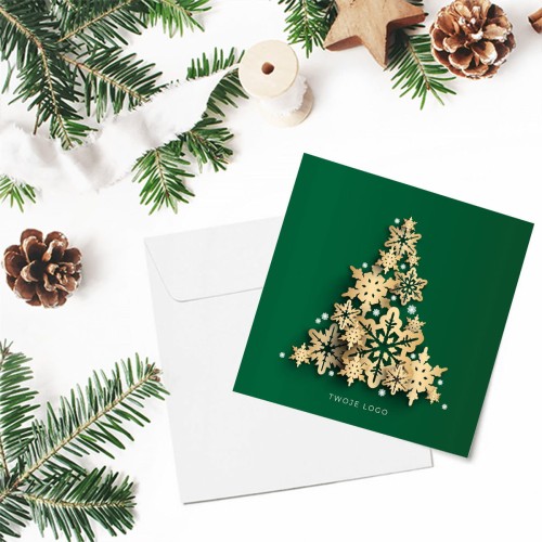 Zielone kartki firmowe na Boże Narodzenie drukowane ze złotą choinką