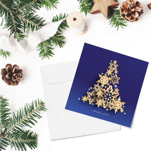 Granatowe kartki firmowe na Boże Narodzenie drukowane ze złotą choinką