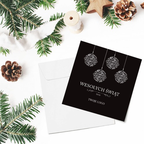 Czarne kartki firmowe na Boże Narodzenie drukowane z białymi bombkami