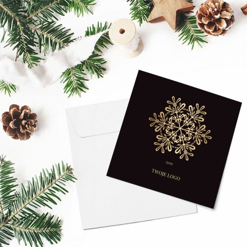 Czarne kartki firmowe na Boże Narodzenie drukowane ze złotą śnieżynką